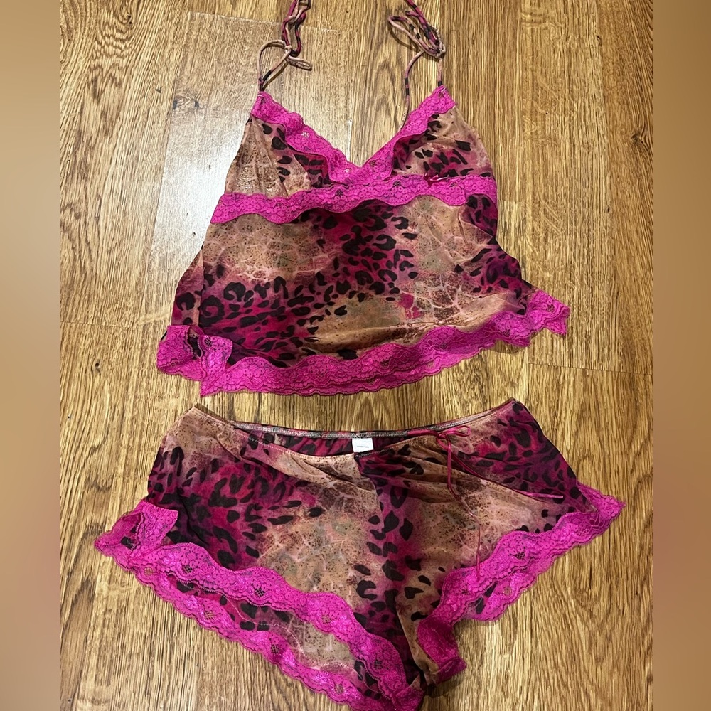 Victoria's Secret Pink Lace and Brown Leopard Pajama Set Small